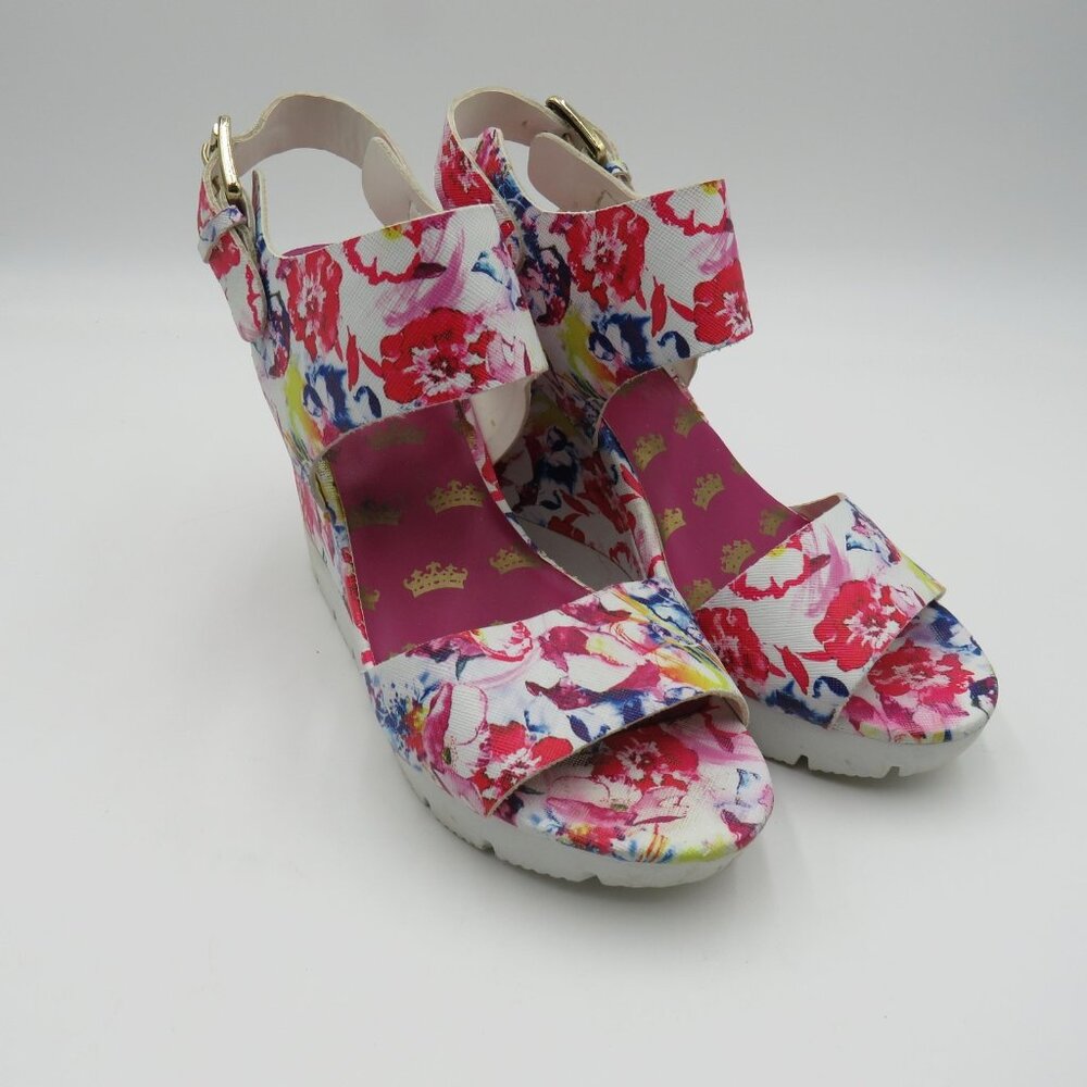 Juicy Couture Shoes Womens Size 8 Wedge Sandals Pink White Ankle Strap Platform